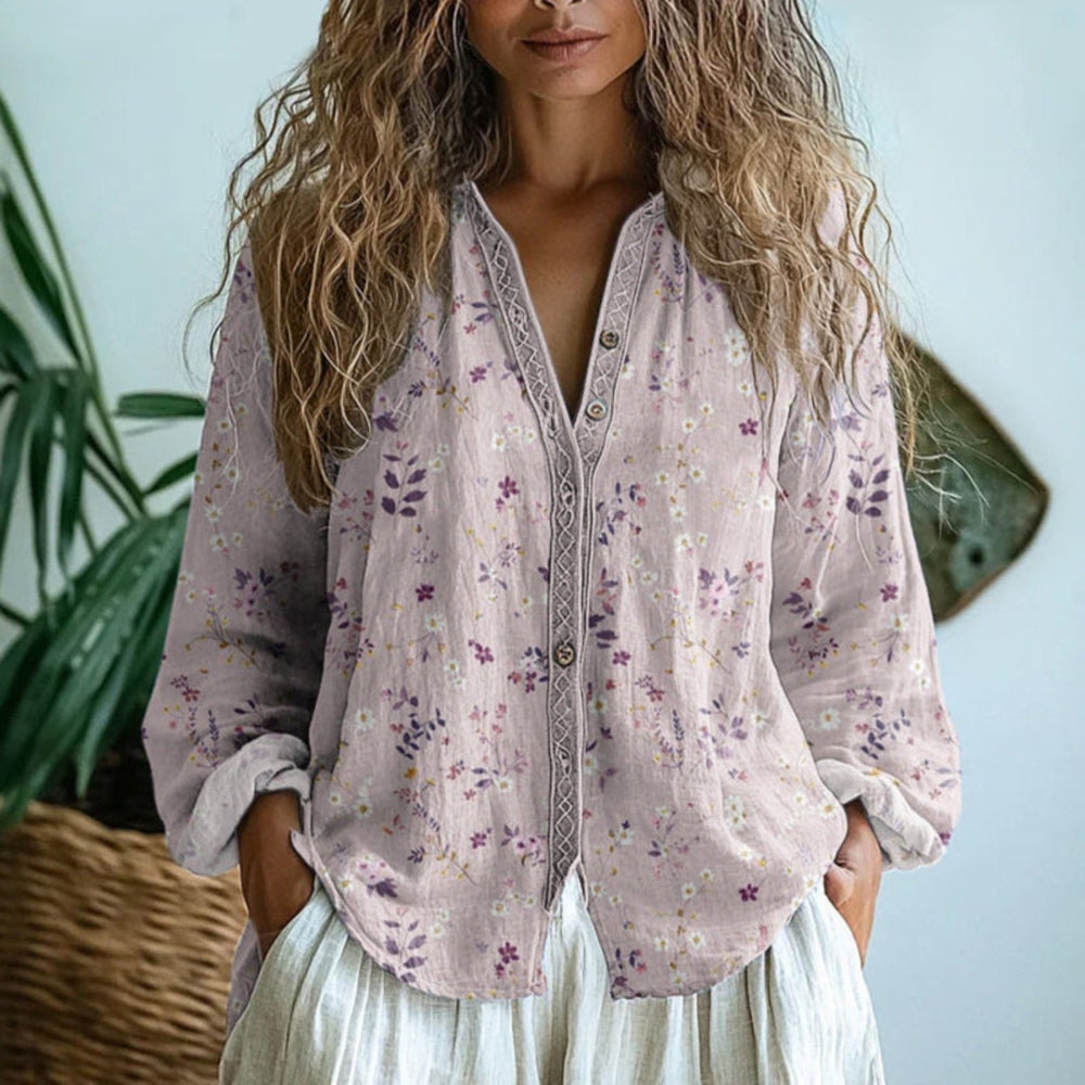 Women's Boho Linen Button-Down Cardigan Blouse Long Sleeve V-Neck - Light Pink