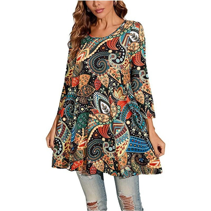 Women's Boho Mandala Print 3/4 Sleeve Swing Tunic - A5