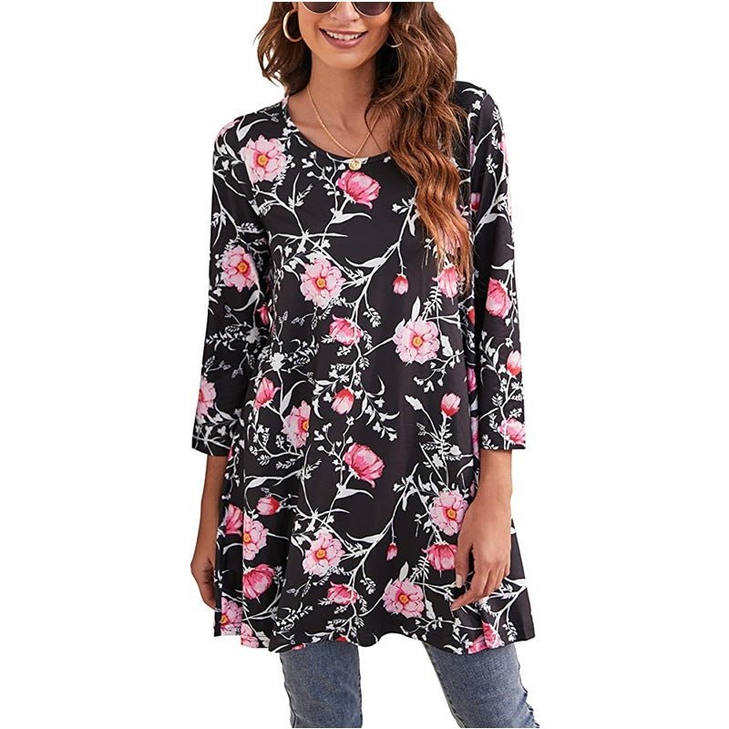 Women's Boho Mandala Print 3/4 Sleeve Swing Tunic - A4