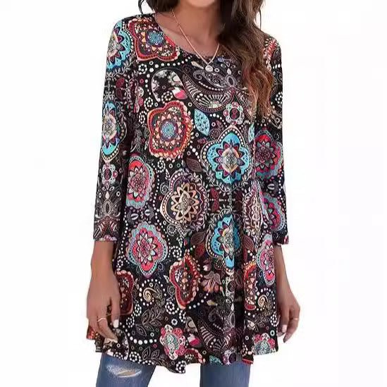 Women's Boho Mandala Print 3/4 Sleeve Swing Tunic