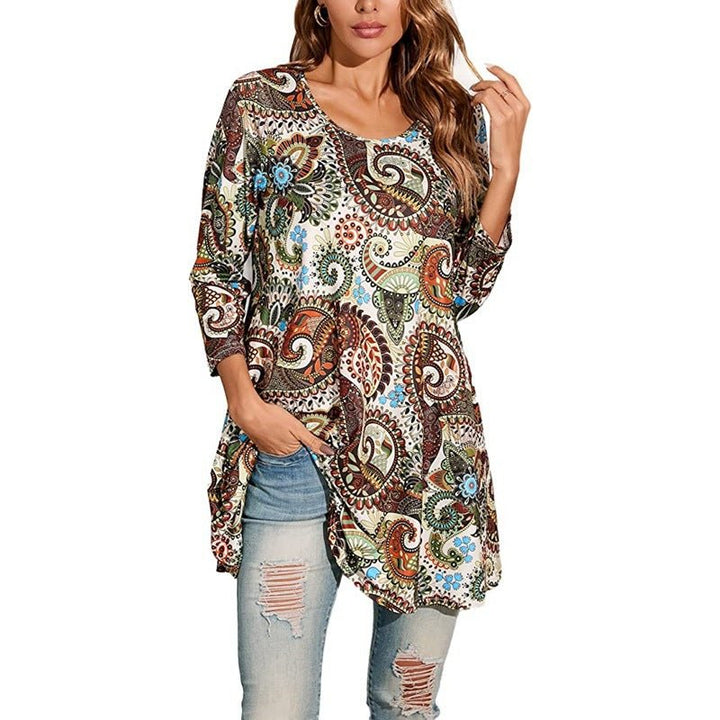 Women's Boho Mandala Print 3/4 Sleeve Swing Tunic - A1