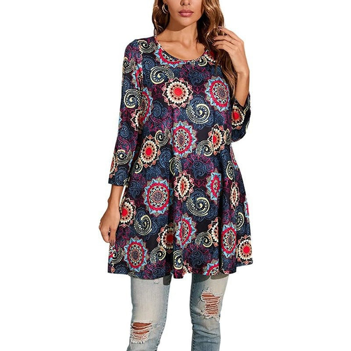Women's Boho Mandala Print 3/4 Sleeve Swing Tunic - Grau