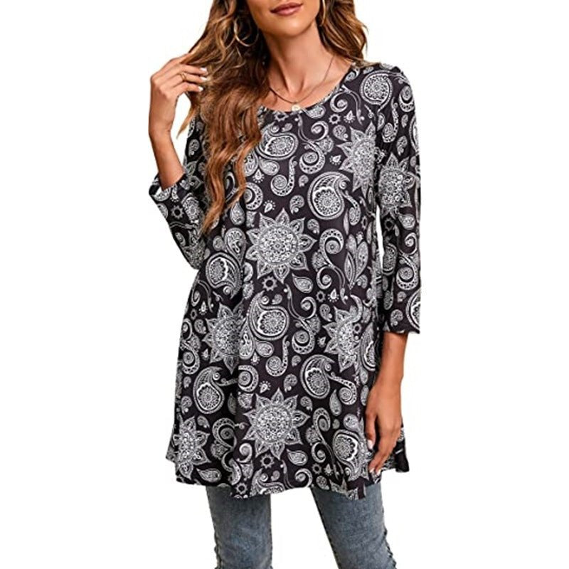 Women's Boho Mandala Print 3/4 Sleeve Swing Tunic - A14