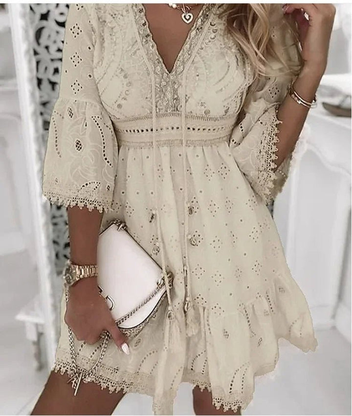 Women's Boho Mini Dress V-Neck Bell Sleeves Eyelet Lace