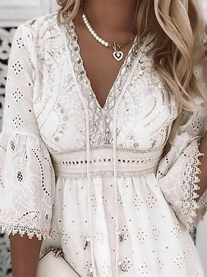 Women's Boho Mini Dress V-Neck Bell Sleeves Eyelet Lace