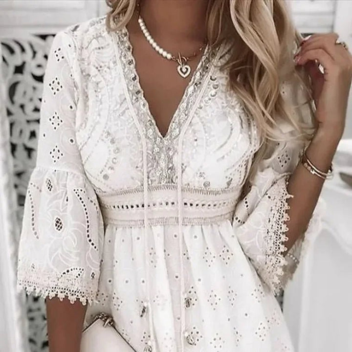 Women's Boho Mini Dress V-Neck Bell Sleeves Eyelet Lace