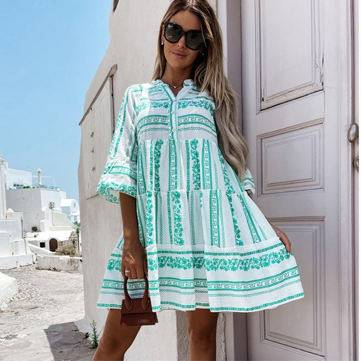 Women's Boho Printed Tiered Tunic Mini Dress Relaxed Fit