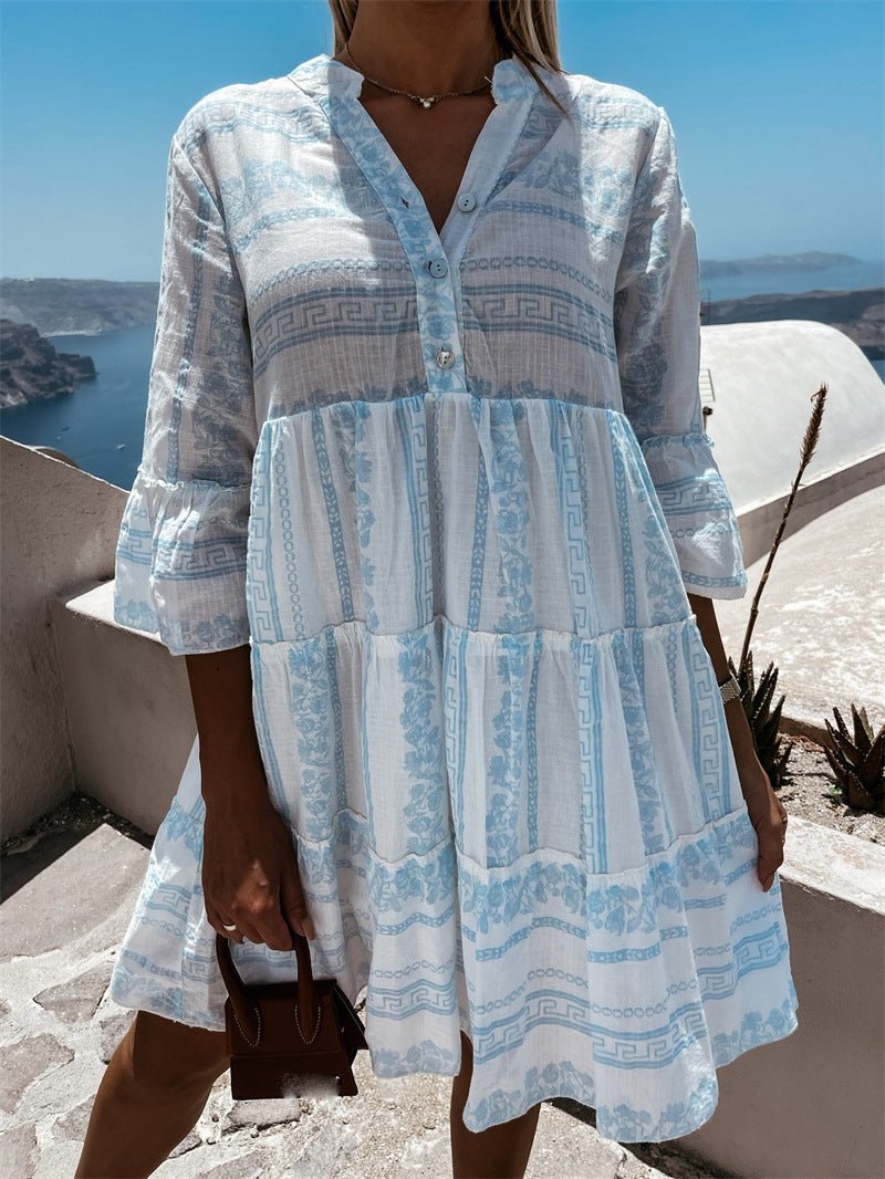 Women's Boho Printed Tiered Tunic Mini Dress Relaxed Fit