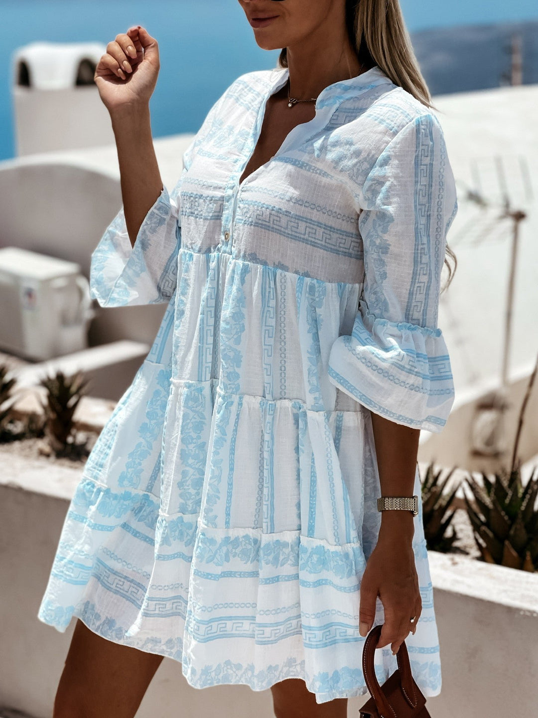 Women's Boho Printed Tiered Tunic Mini Dress Relaxed Fit