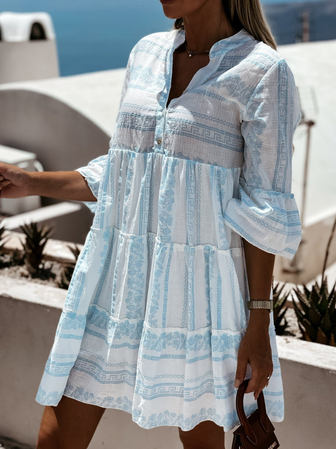 Women's Boho Printed Tiered Tunic Mini Dress Relaxed Fit