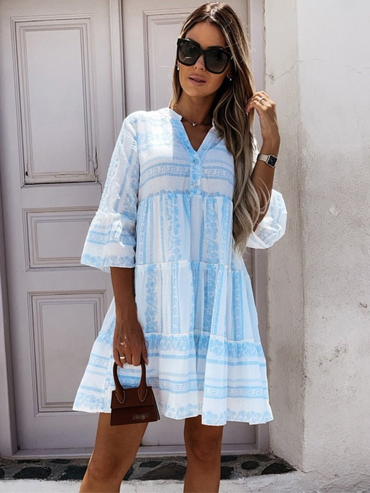 Women's Boho Printed Tiered Tunic Mini Dress Relaxed Fit