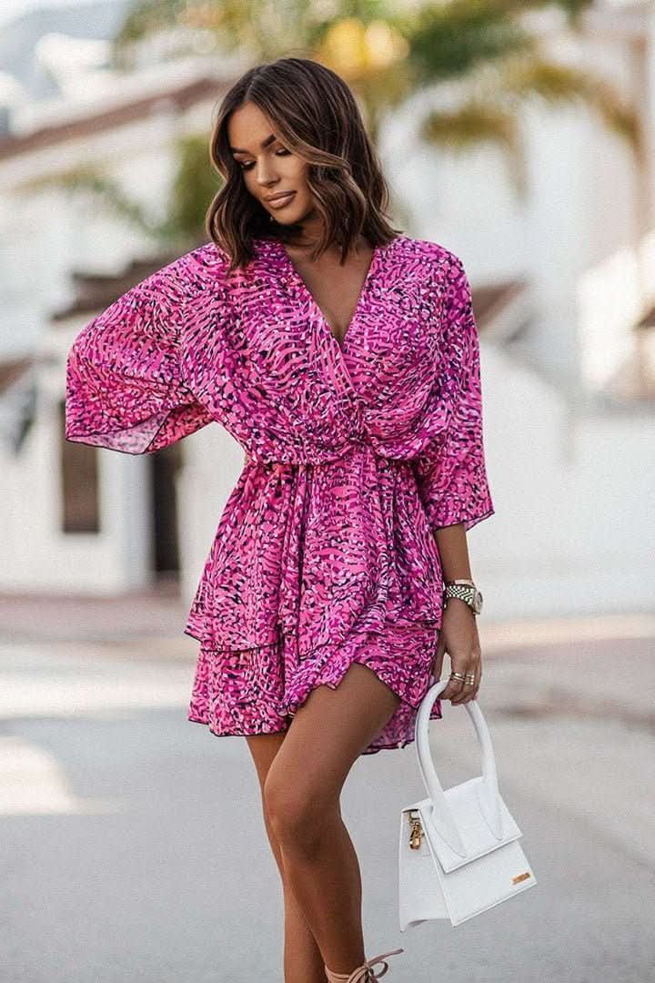 Women's Boho Tropical-Print Mini Cocktail Dress Tiered Skirt - Purple