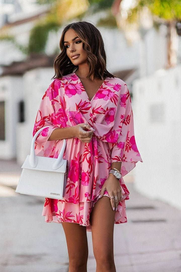 Women's Boho Tropical-Print Mini Cocktail Dress Tiered Skirt - Red