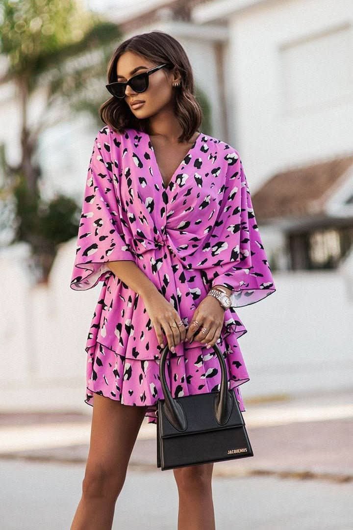 Women's Boho Tropical-Print Mini Cocktail Dress Tiered Skirt