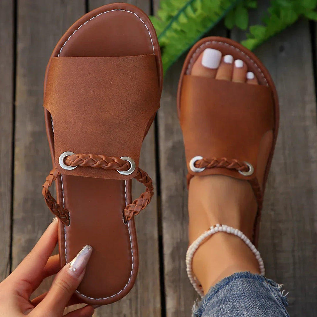 Women's Braided Strap Flat Sandals Boho Style - Chocolate