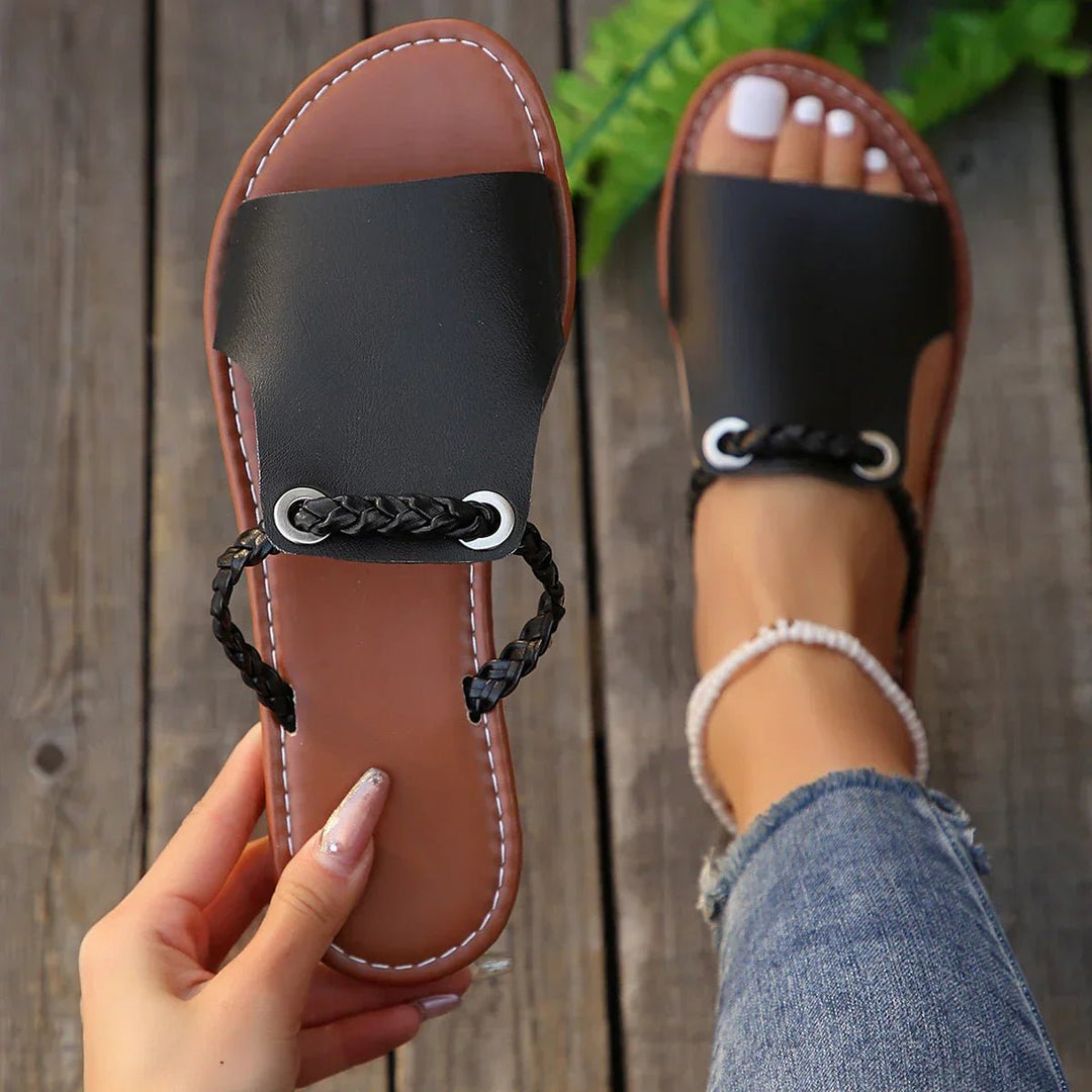 Women's Braided Strap Flat Sandals Boho Style - Onyx Shade