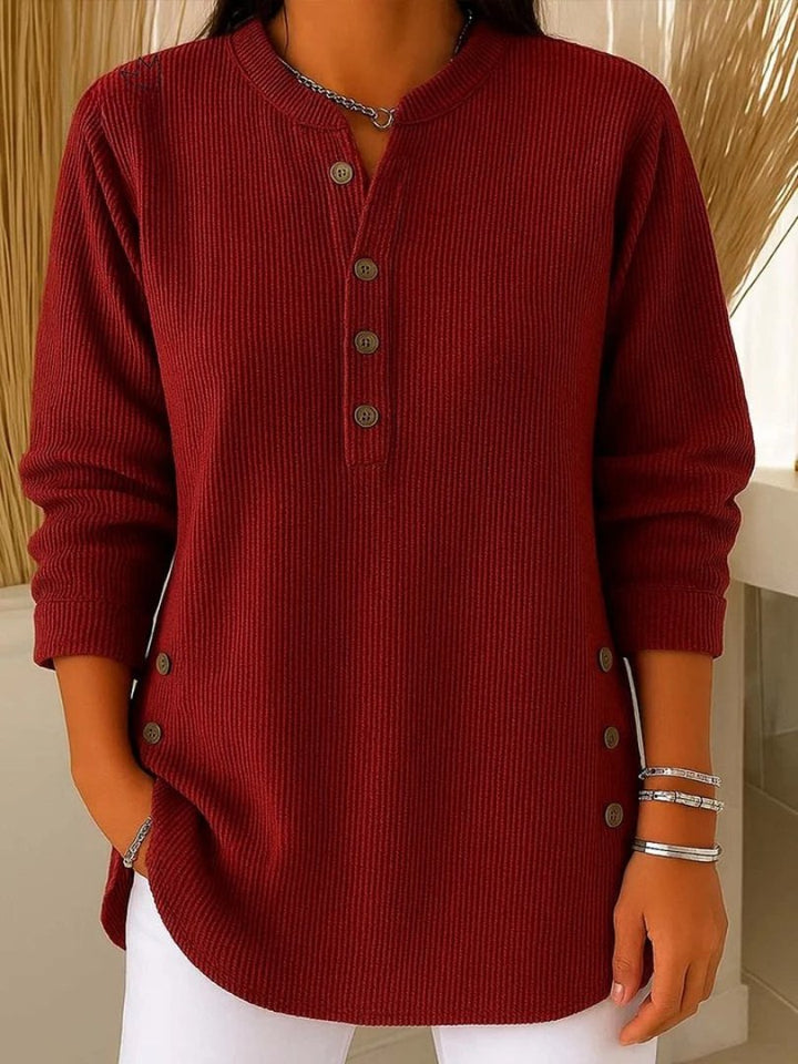Women's Button Detail Sweater Ribbed Knit Long Sleeve - Red