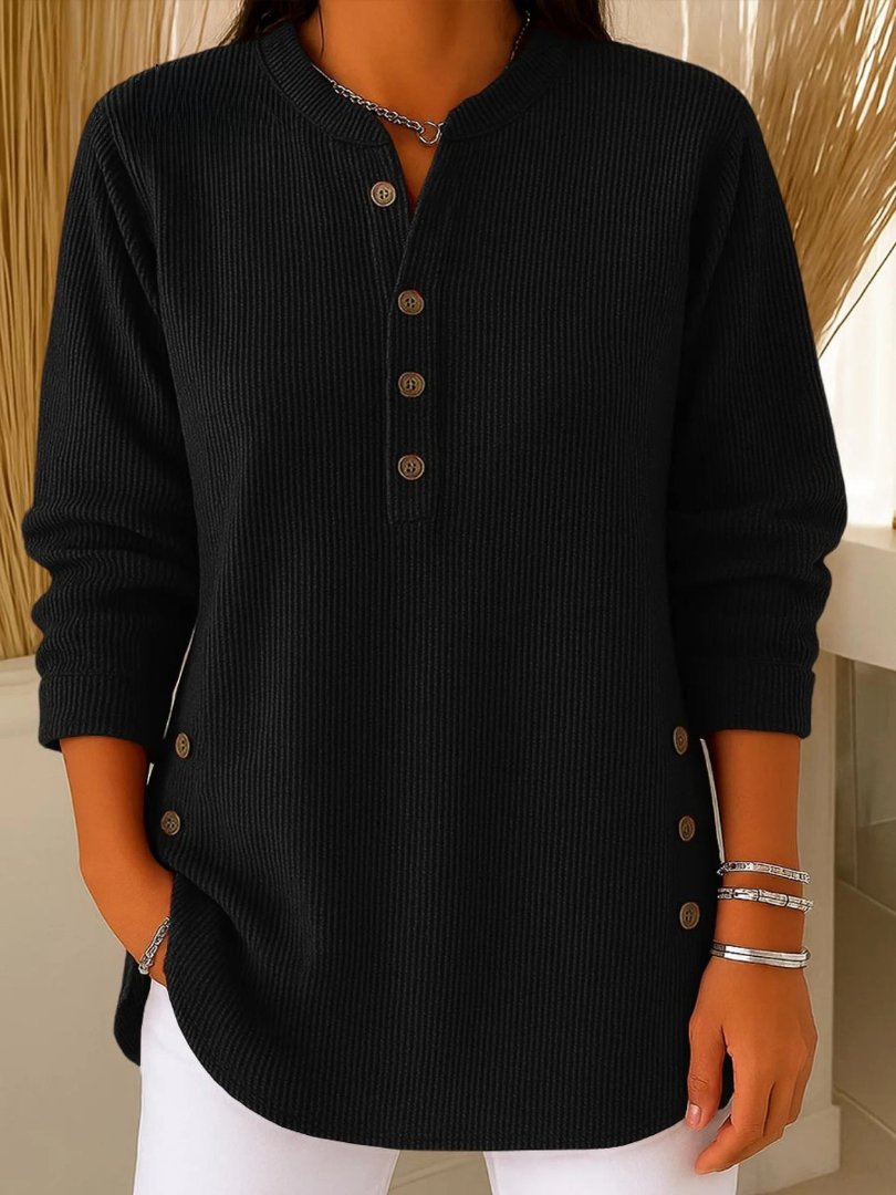 Women's Button Detail Sweater Ribbed Knit Long Sleeve - Black