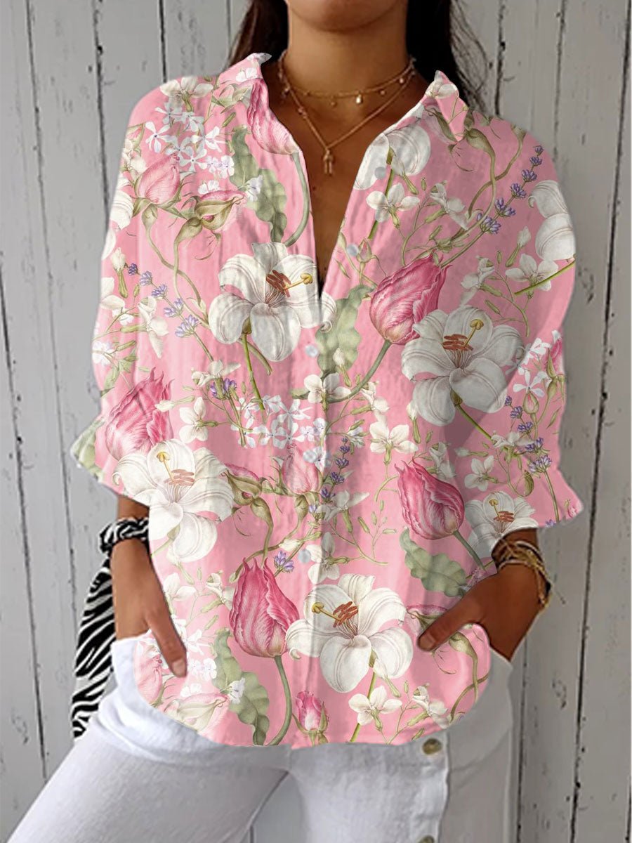 Women's Button Front Blouse Long Sleeve V-Neck Casual - Multicolor