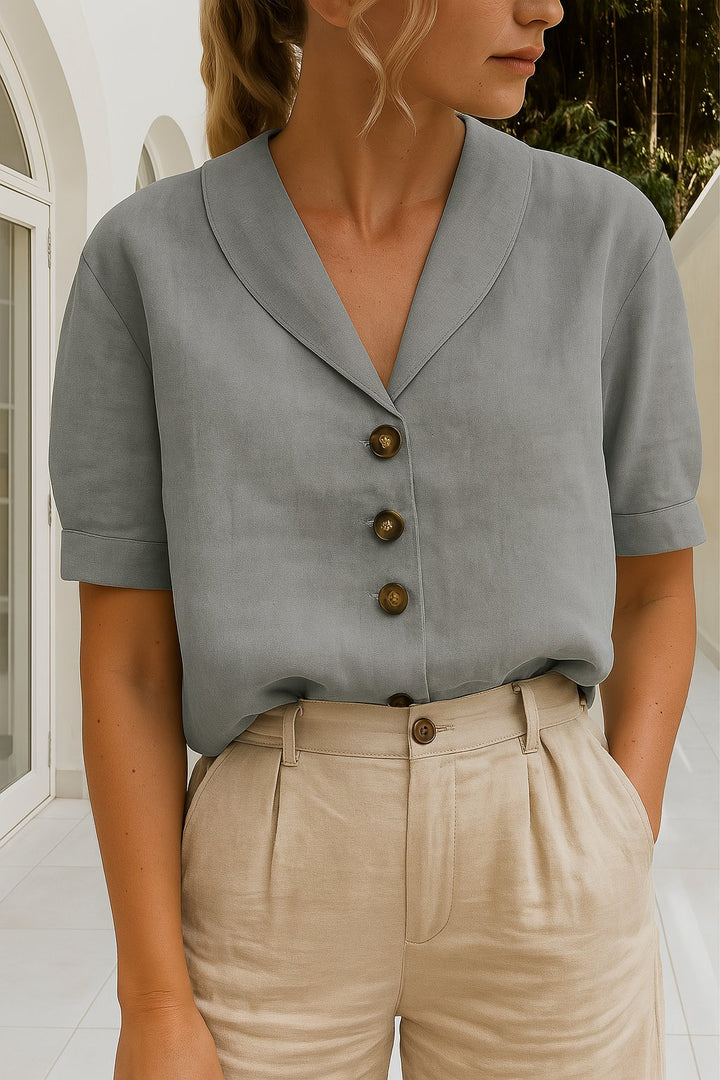 Women's Button-Front Blouse Short Sleeve V-Neck Top - Grey