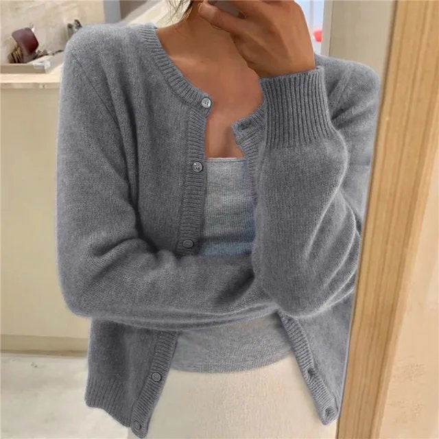 Women's Button Front Cardigan Cropped Relaxed Fit - Grey