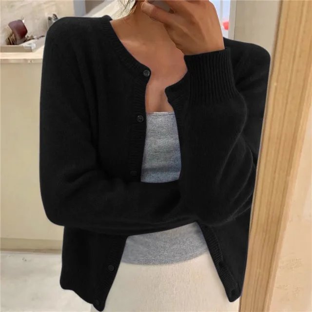 Women's Button Front Cardigan Cropped Relaxed Fit - Black