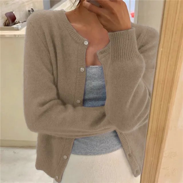 Women's Button Front Cardigan Cropped Relaxed Fit - Khaki