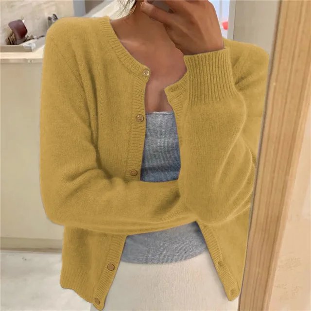 Women's Button Front Cardigan Cropped Relaxed Fit - Yellow