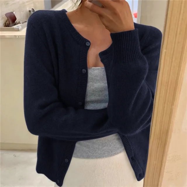 Women's Button Front Cardigan Cropped Relaxed Fit - Navy Blue