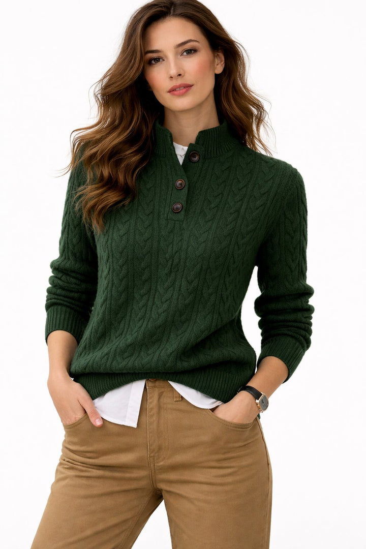 Women's Cable Knit Button-Neck Wool Blend Pullover Sweater - Green