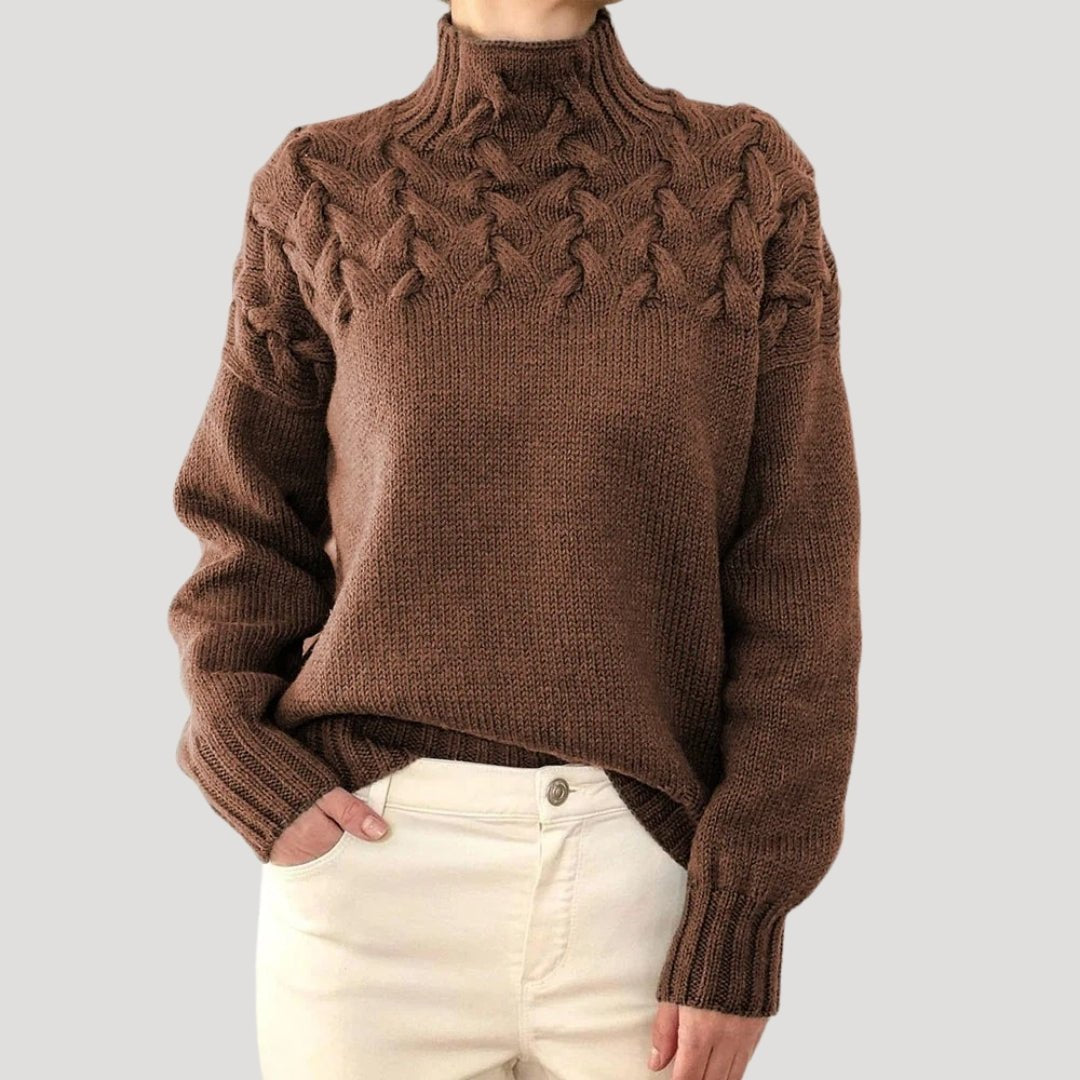 Women's Cable Knit Turtleneck Pullover Sweater - Brown