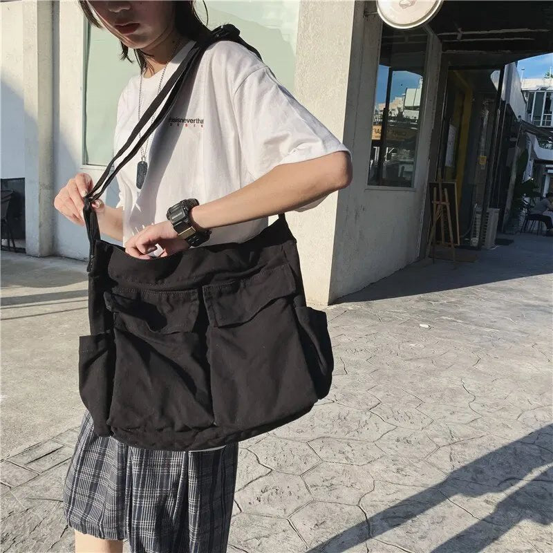 Women's Casual Multi-Pocket Canvas Tote Bag Slouchy Crossbody Shoulder Bag