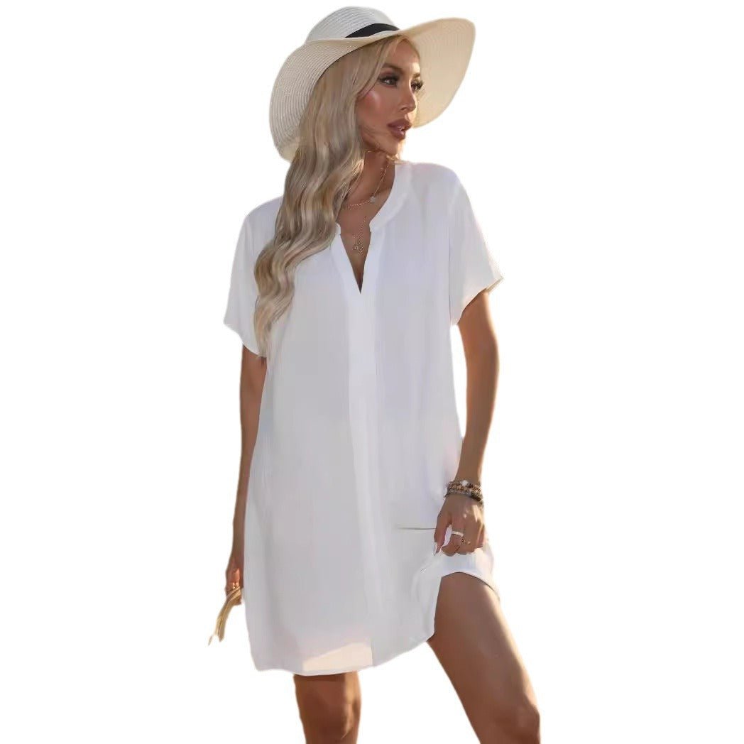 Women's Casual V-Neck Short Sleeve Tunic Shift Dress