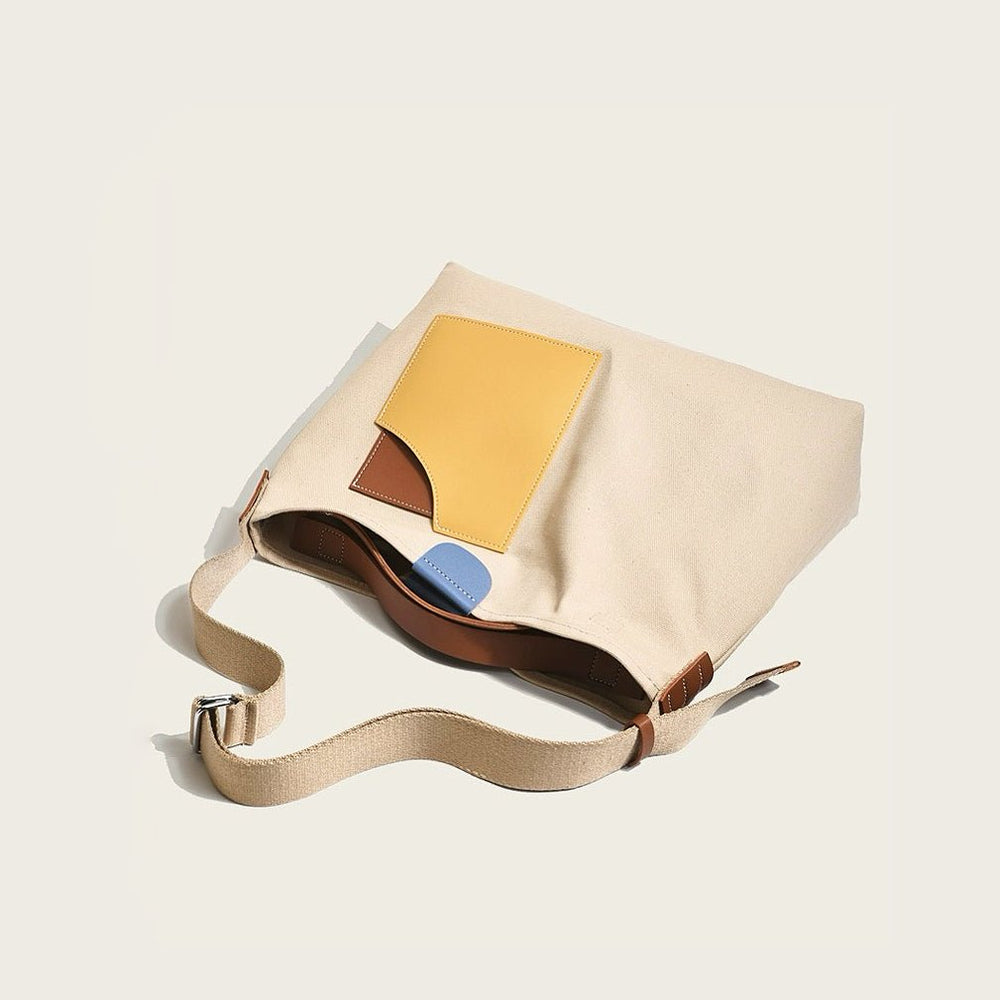 Women's Color Block Canvas Tote Bag PU Leather Pocket Shoulder Bag