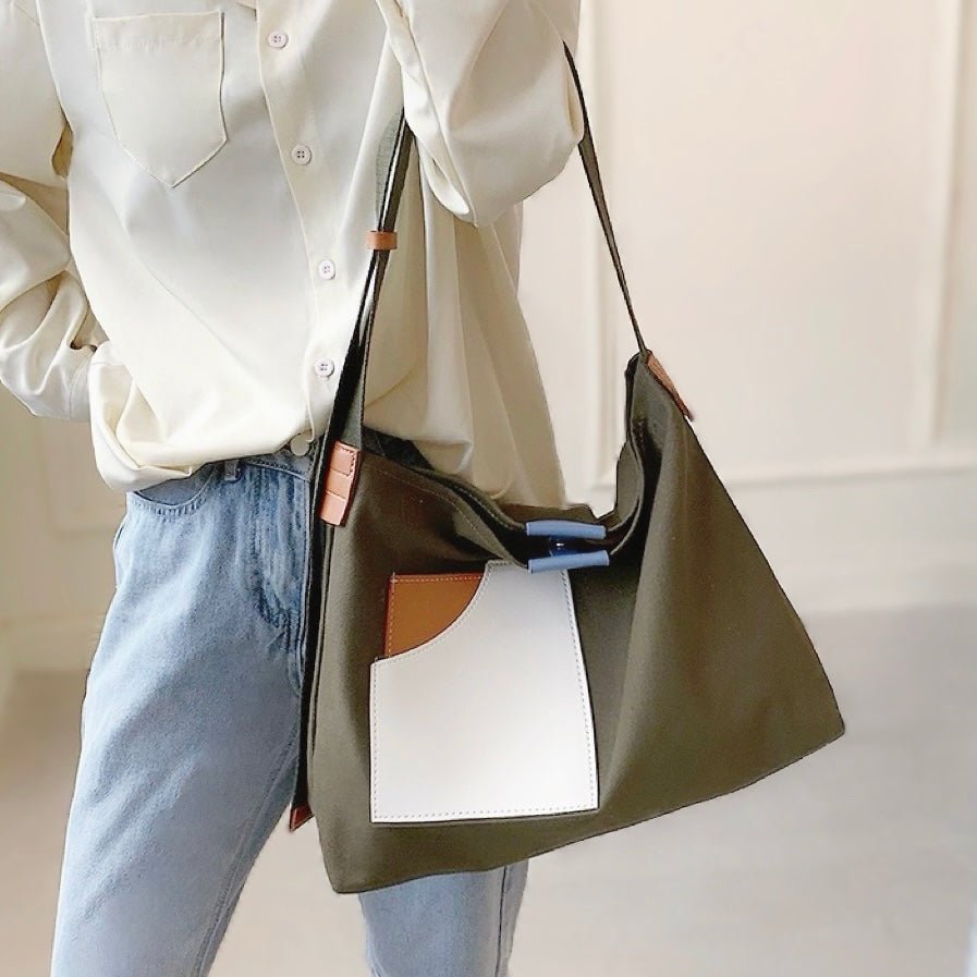 Women's Color Block Canvas Tote Bag PU Leather Pocket Shoulder Bag - Grün