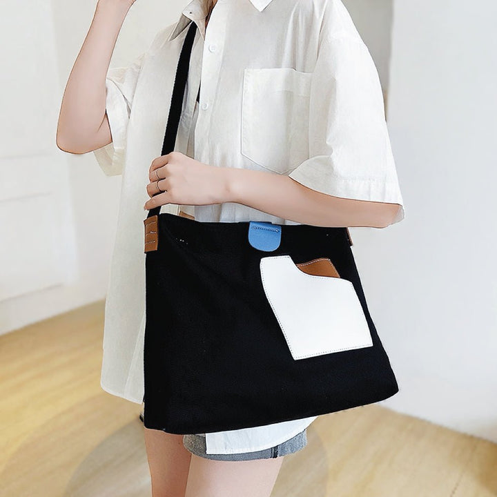 Women's Color Block Canvas Tote Bag PU Leather Pocket Shoulder Bag - Schwarz