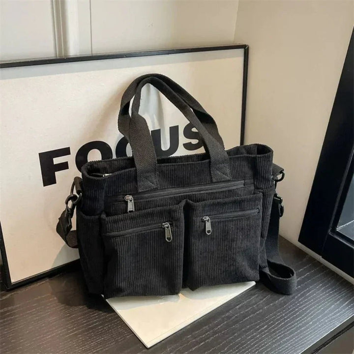 Women's Corduroy Multi-Pocket Convertible Tote Bag - Schwarz