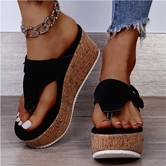 Women's Cork Wedge Thong Comfortable Sandals Bow-Detail Platform - Black