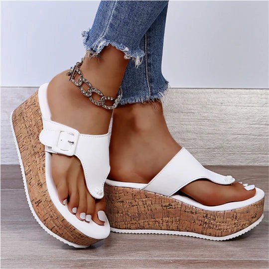Women's Cork Wedge Thong Comfortable Sandals Bow-Detail Platform - White