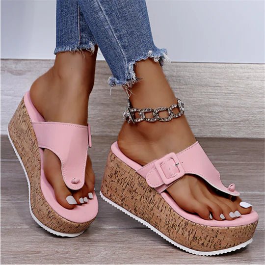 Women's Cork Wedge Thong Comfortable Sandals Bow-Detail Platform - Pink
