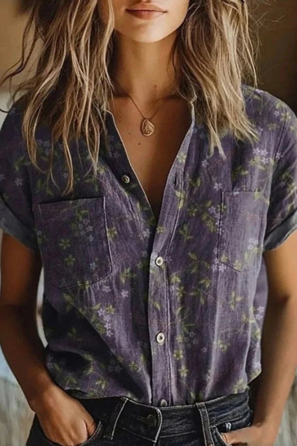 Women's Cotton Floral Button Down Blouse Short Sleeve