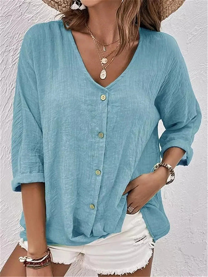 Women's Cotton V-Neck Button-Front Top Three-Quarter Sleeve - Light Blue