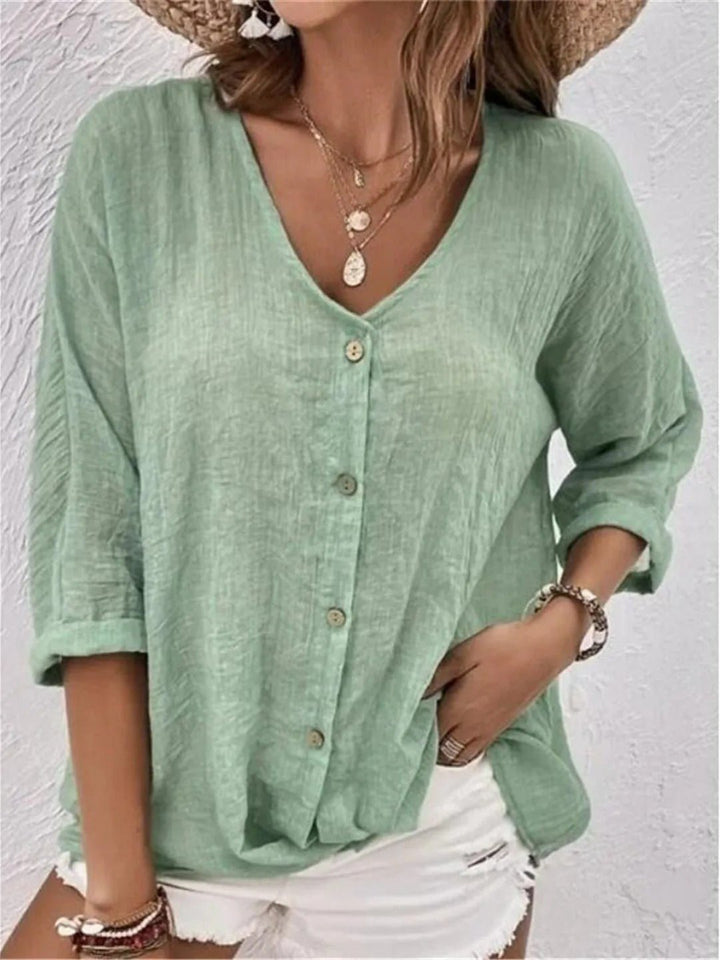 Women's Cotton V-Neck Button-Front Top Three-Quarter Sleeve - Mint green