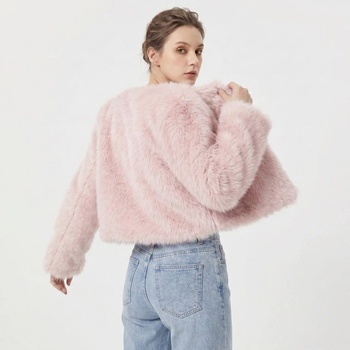 Women's Cropped Faux Fur Cardigan Jacket - Pink