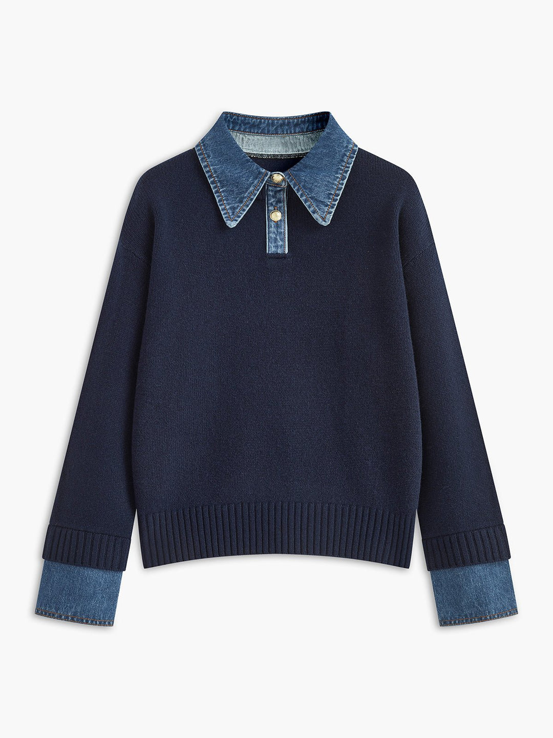 Women's Denim-Collar Knit Polo Sweater - Navy