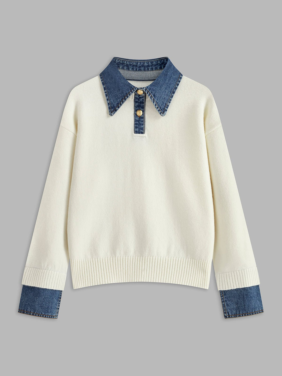 Women's Denim-Collar Knit Polo Sweater - White