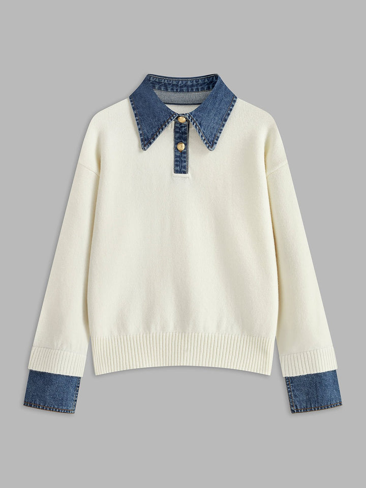 Women's Denim-Collar Knit Polo Sweater - White