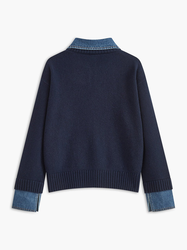 Women's Denim-Collar Knit Polo Sweater