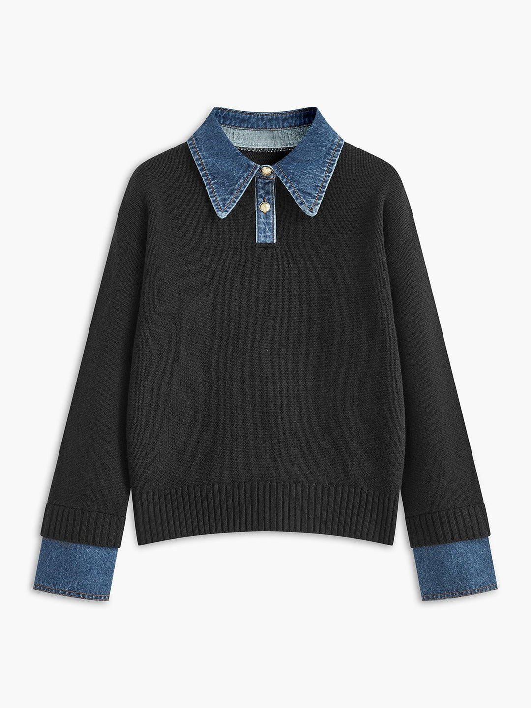Women's Denim-Collar Knit Polo Sweater - Black