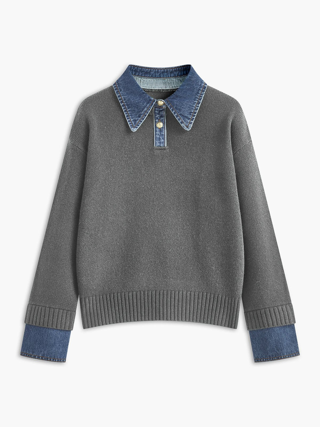 Women's Denim-Collar Knit Polo Sweater - Light Grey